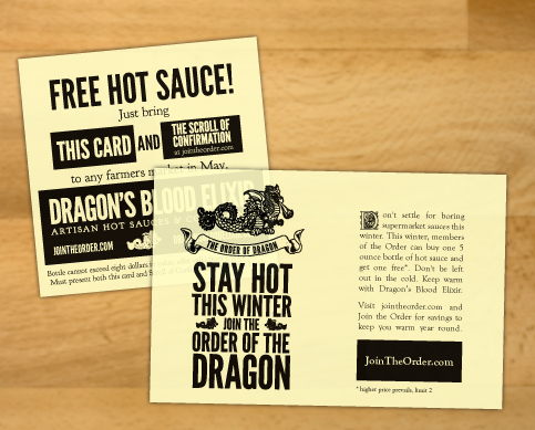 Dragon's Blood Elixir | Handouts and coupons for the Order of the Dragon loyalty club's winter 2010 campaign 'Stay Hot'.
