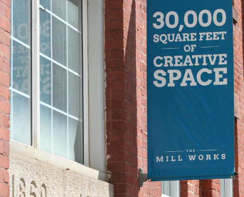 The Mill Works | Brand banner for side of building.